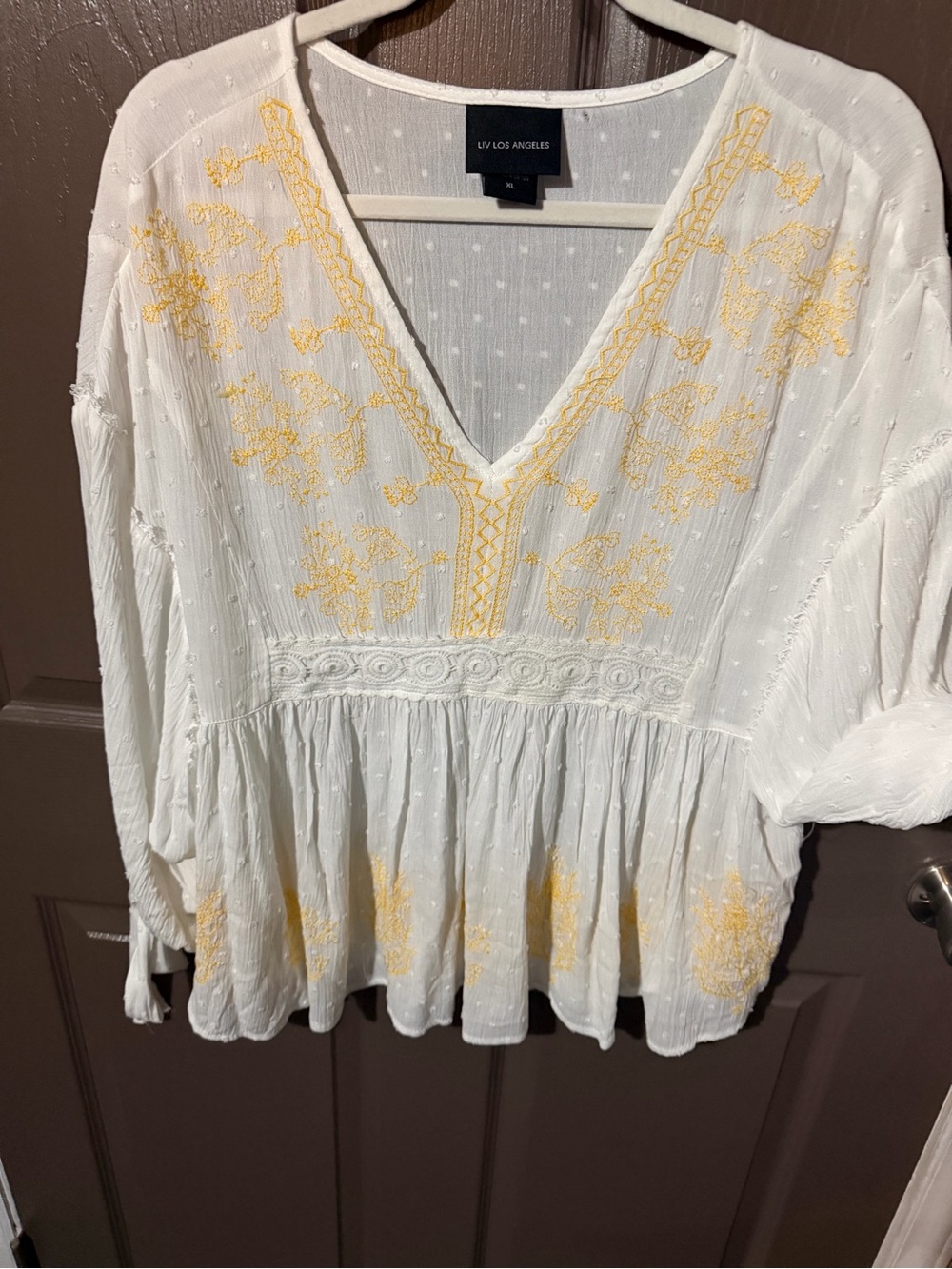 LVF Los Angeles White V-Neck Peasant Top with Yellow Embroidery
